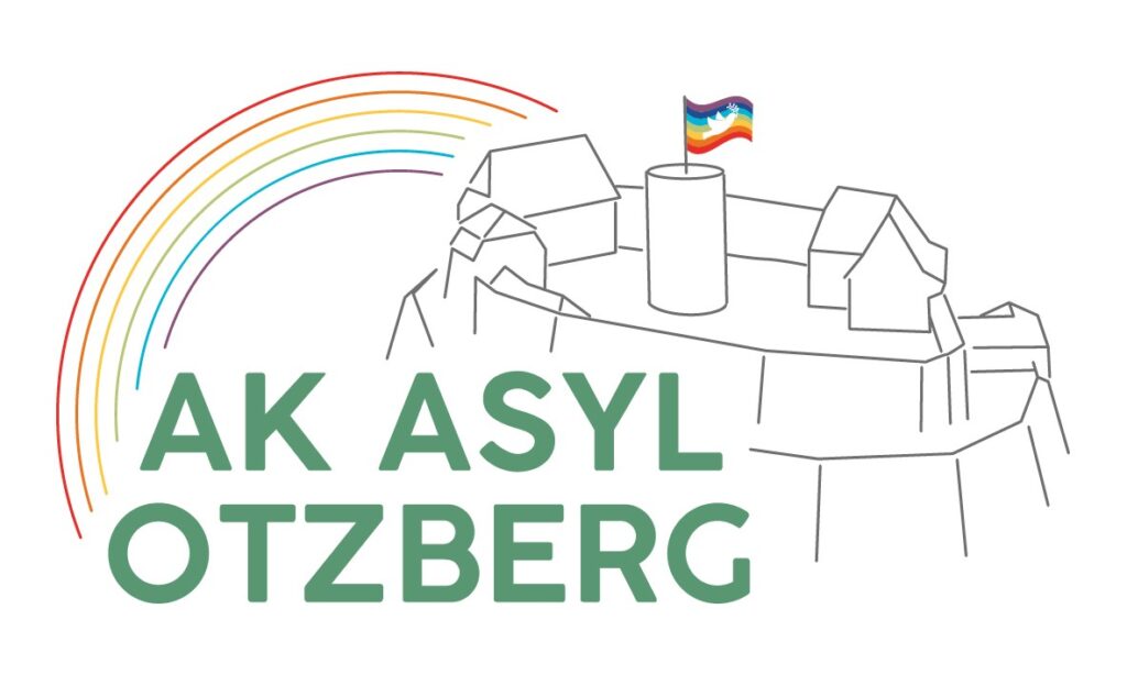 Logo des AK Asyl Otzberg, es zeigt rechts die Veste Otzberg mit Pace Flagge auf dem Turm, den Schriftzug AK AYL OTZBERG und links einen bunten Regenbogen, der sich vom O in OTZBERG zur Veste hoch wölbt.